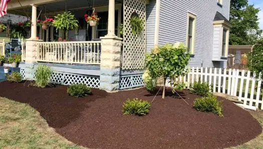 picture showing brown mulch spread on grey house